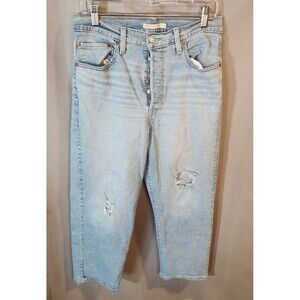 LEVI'S Ribcage Straight Ankle Jeans Womens 31 (31x26) Blue Button Fly Distressed